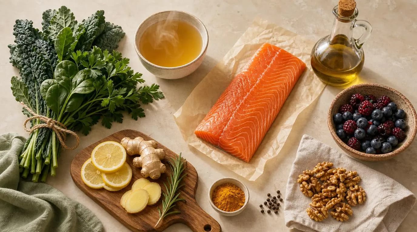 The 7-Day Joint-Friendly Meal Plan — wild salmon, bone broth, olive oil, leafy greens, berries, and walnuts arranged on a kitchen counter