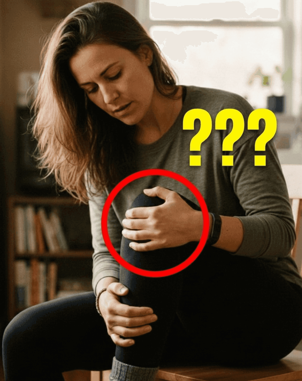 Emma examining her knee after it cracked in the morning