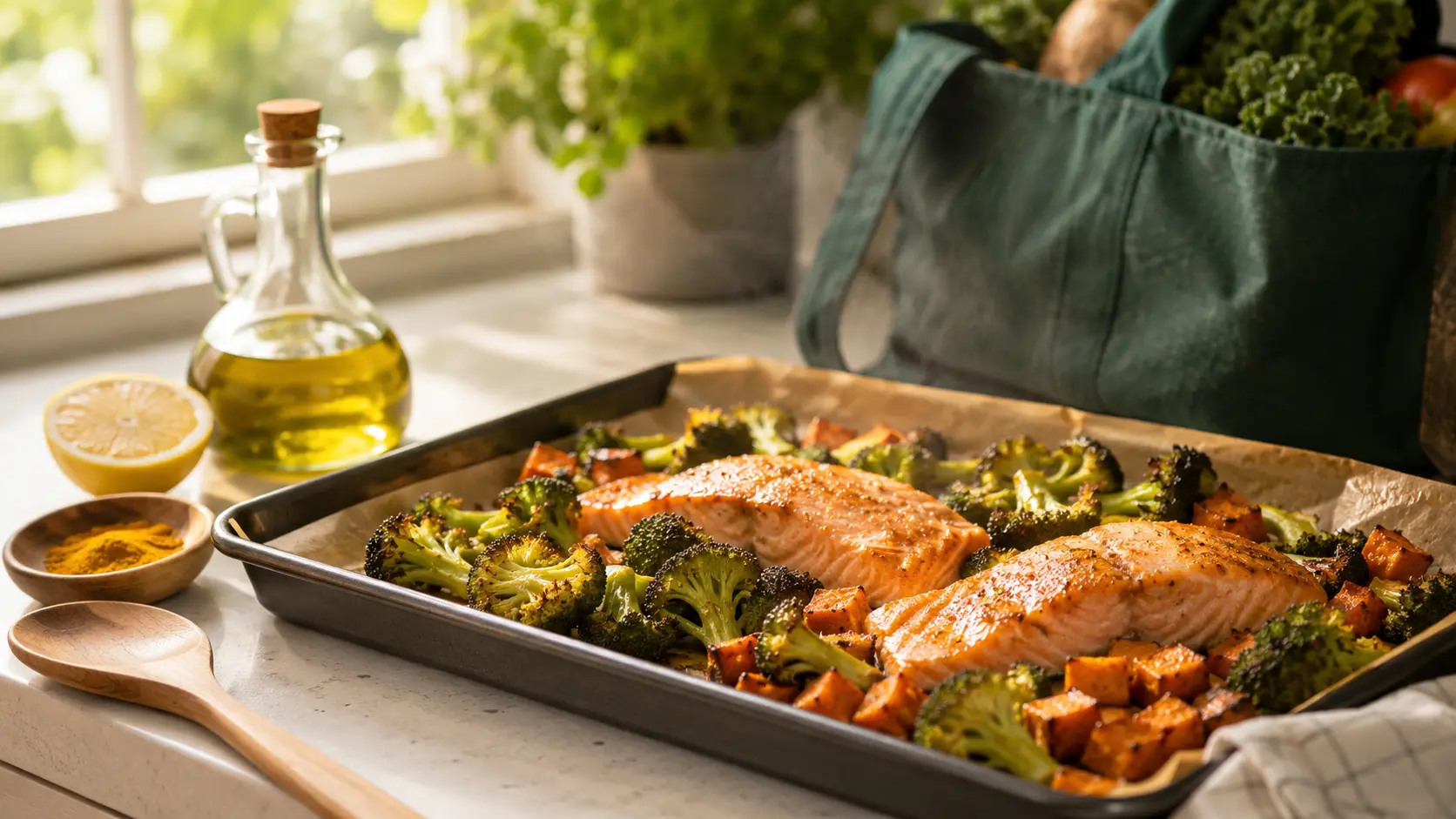 A sheet-pan salmon dinner with roasted broccoli and sweet potato on a bright kitchen counter
