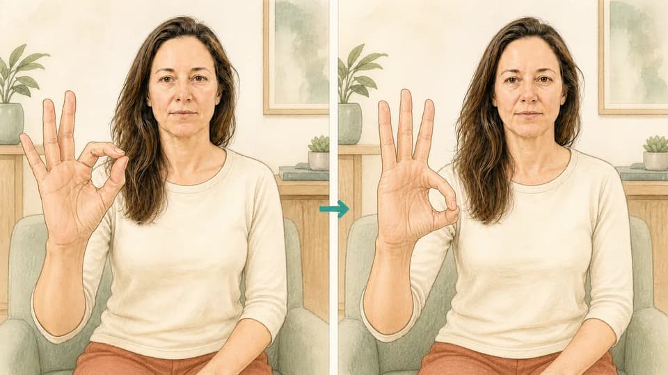 Two-panel illustration of Emma moving her thumb from the index to the little fingertip