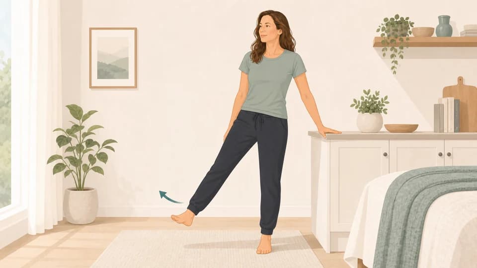 Illustration of Emma doing supported standing side leg raises