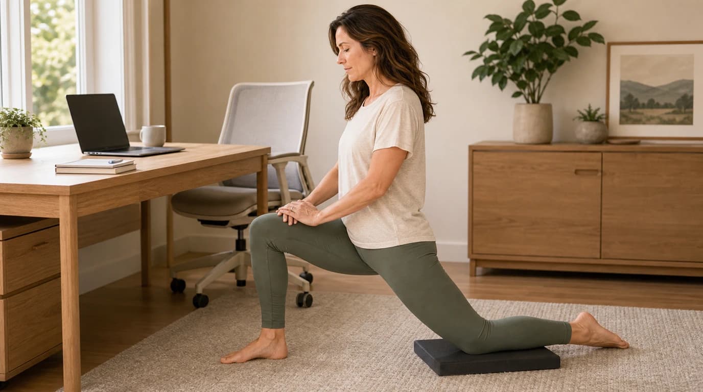 A woman standing at her desk doing a half-kneeling hip flexor stretch