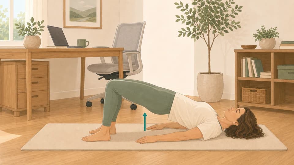 Illustration of Emma doing a glute bridge beside a desk