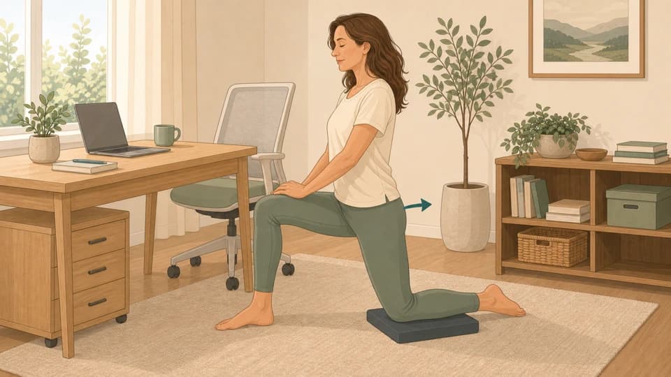 Illustration of Emma doing a half-kneeling hip flexor stretch beside a desk