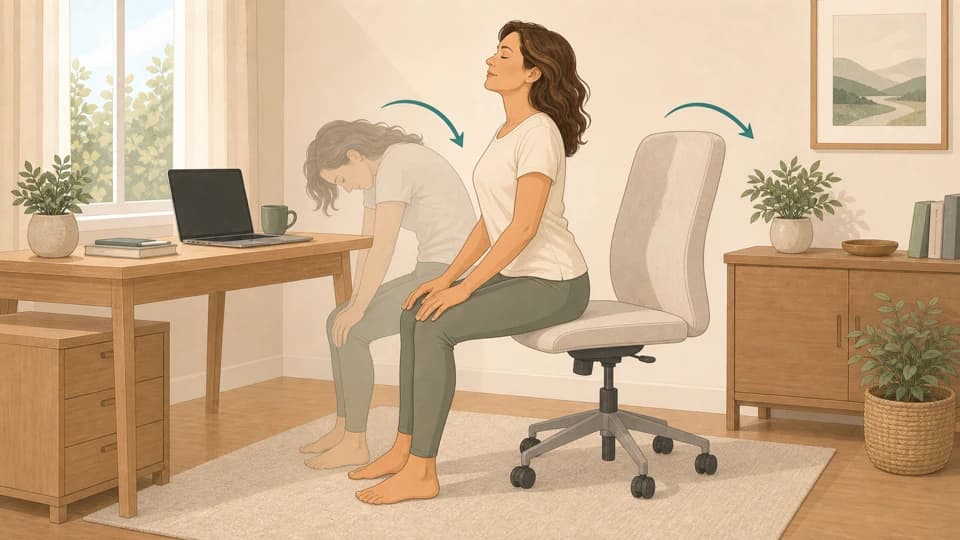 Illustration of Emma doing seated cat-cow on an office chair