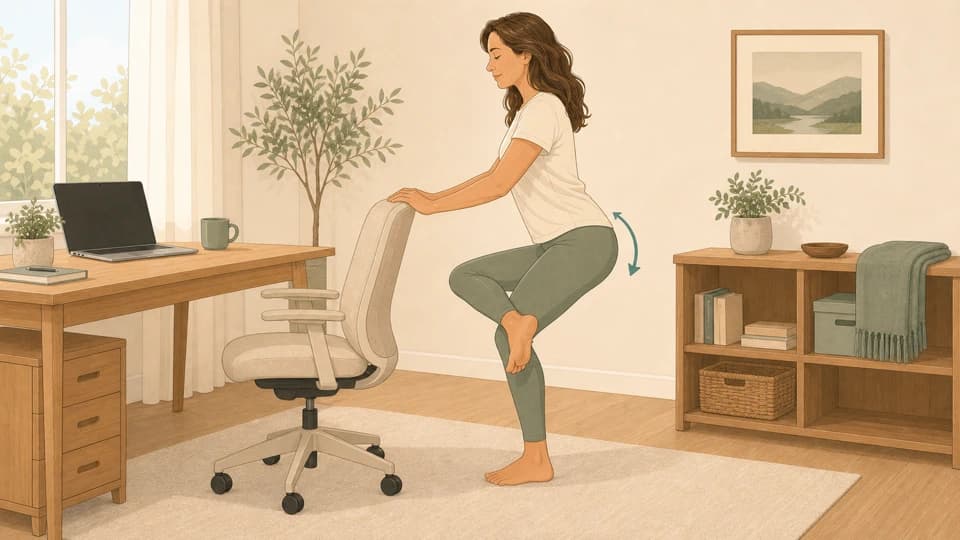 Illustration of Emma doing a standing figure-4 stretch behind an office chair