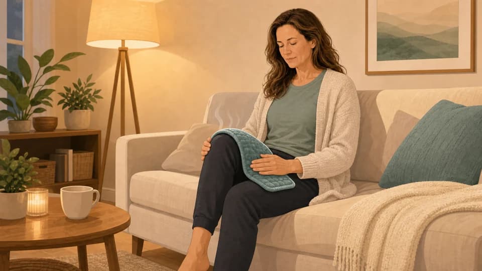 Illustration of Emma warming an achy knee with a heat pack