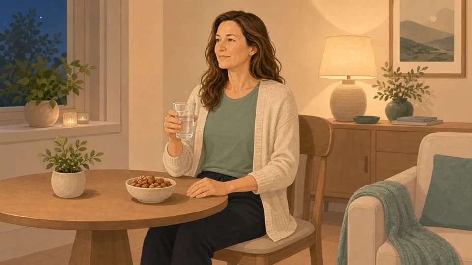 Illustration of Emma having water and a magnesium-rich snack in the evening