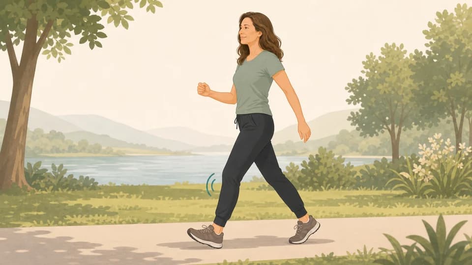Illustration of Emma walking with a soft bend in the knee