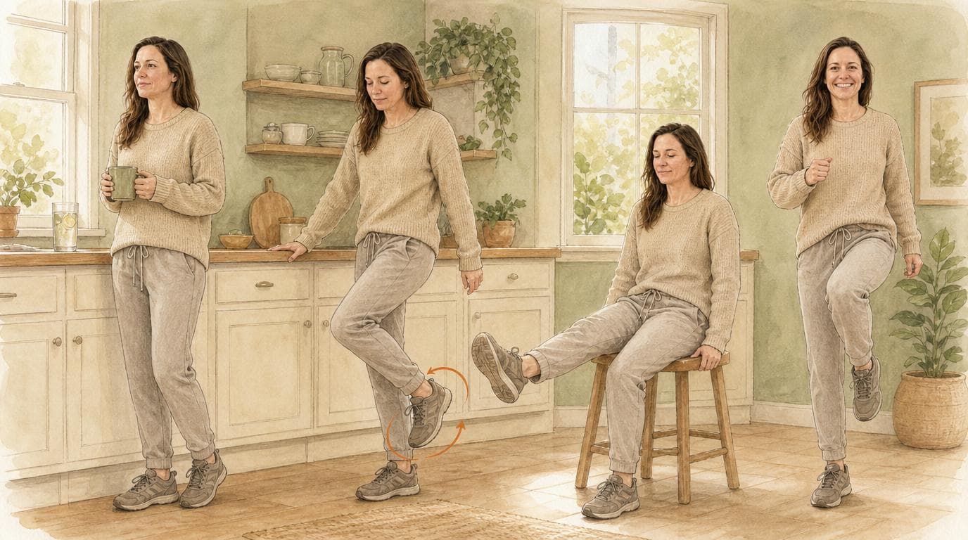 The 5-Minute Joint Lubrication Routine — warm lemon water, ankle circles, knee extensions, and marching in place