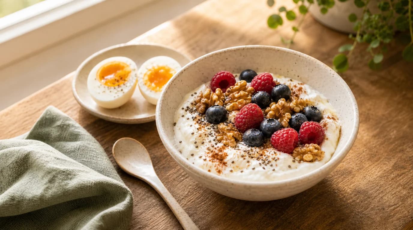 A wooden table with a bowl of Greek yogurt, berries, walnuts, and a soft-boiled egg, warm morning light