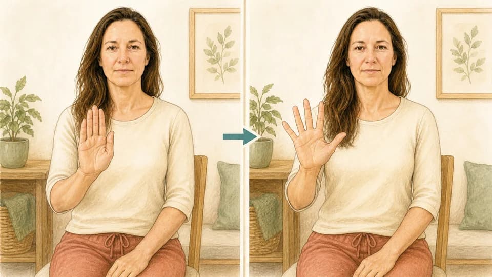 Two-panel illustration of Emma bringing her fingers together and spreading them comfortably