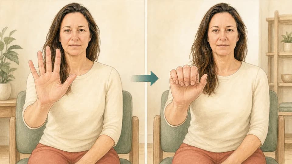 Two-panel illustration of Emma moving from open hands to gentle hook fists