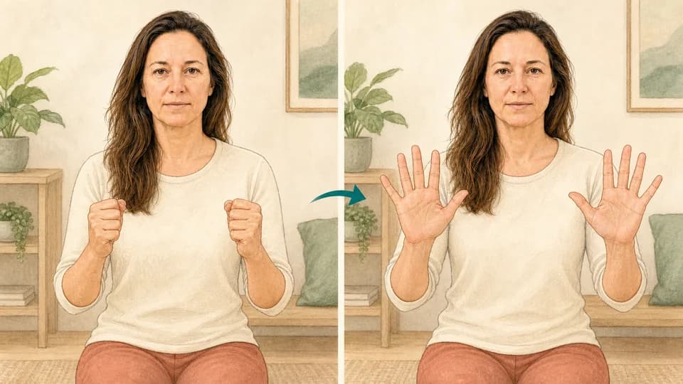 Two-panel illustration of Emma closing soft fists and opening her hands