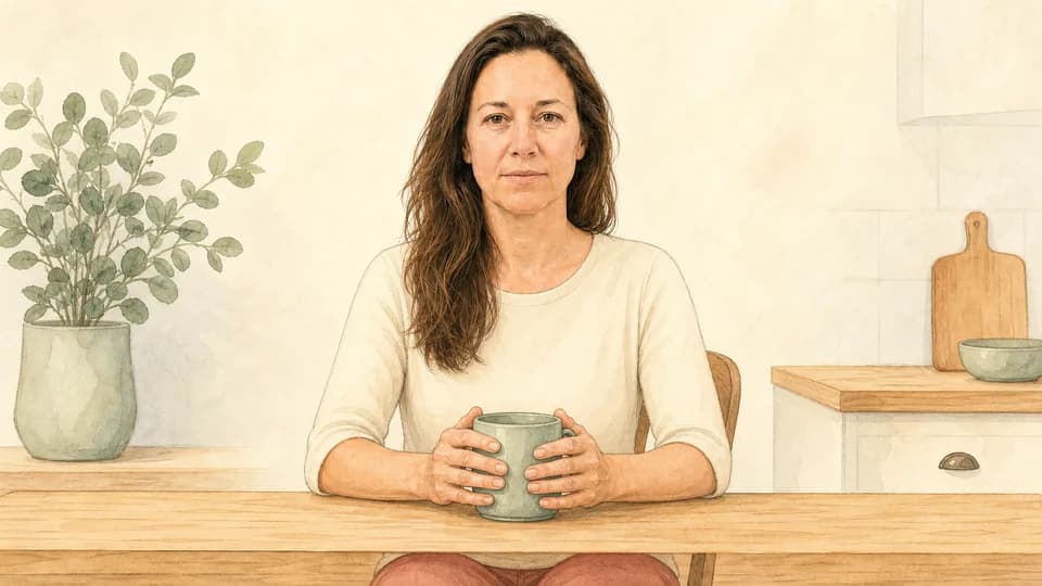 Illustration of Emma warming both hands around a comfortably warm mug