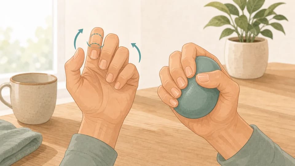 Illustration of mature hands doing finger bends and a soft ball squeeze