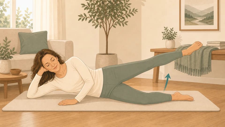 Illustration of Emma doing a side-lying leg raise for the outer hip