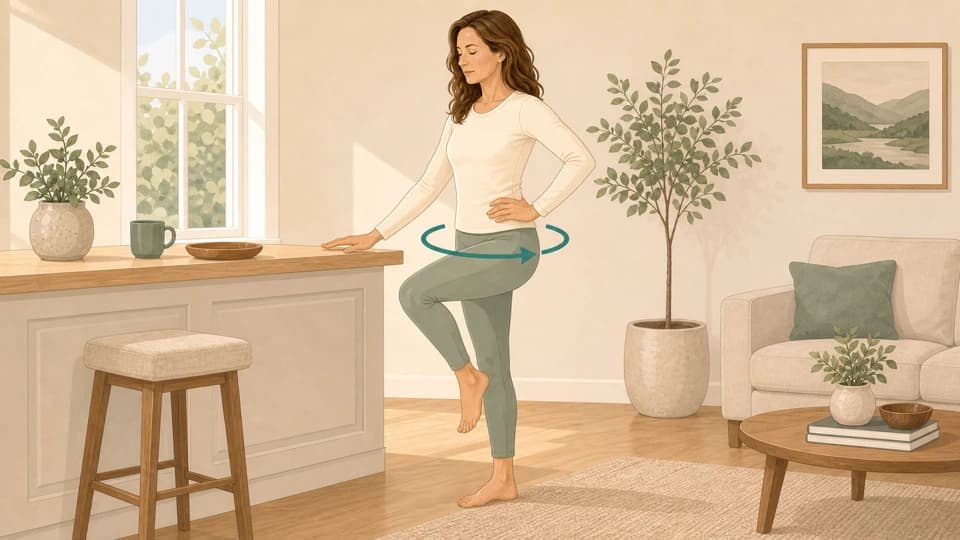 Illustration of Emma doing single-leg balance near a counter