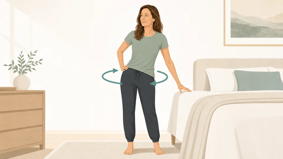 Illustration of Emma doing standing hip circles beside a bed