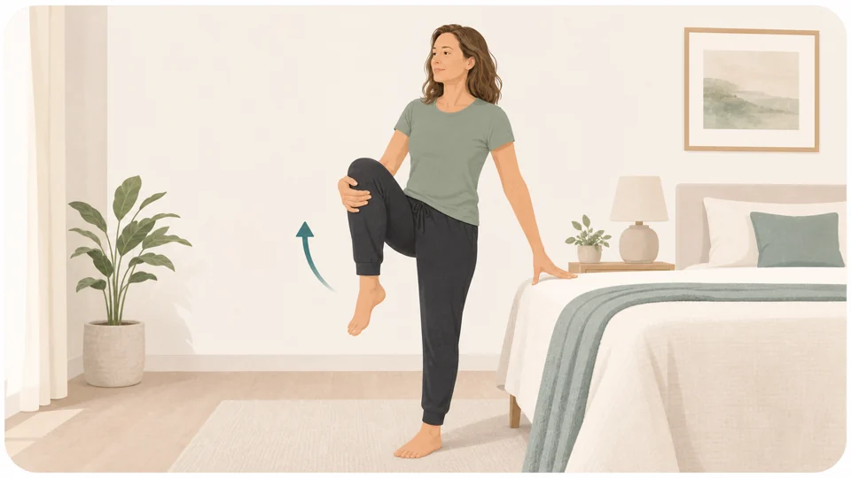 Illustration of Emma doing a supported knee-to-chest hip movement