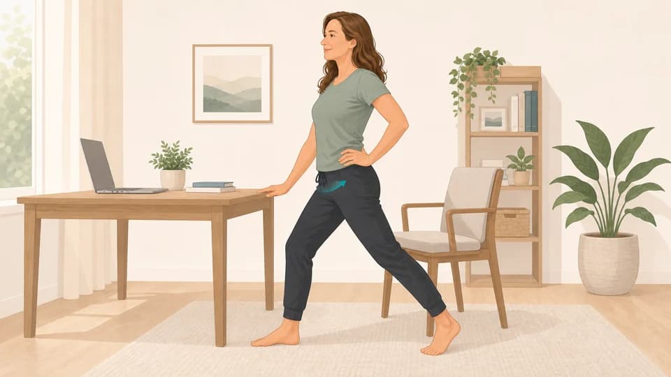 Illustration of Emma doing a standing hip flexor stretch after sitting