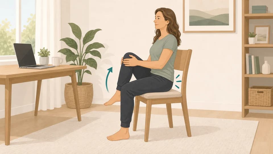 Illustration of Emma doing seated marching for deep hip stiffness