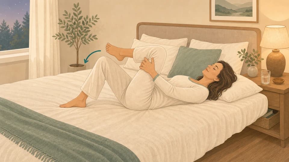 Illustration of Emma doing a reclining figure-4 stretch on a bed