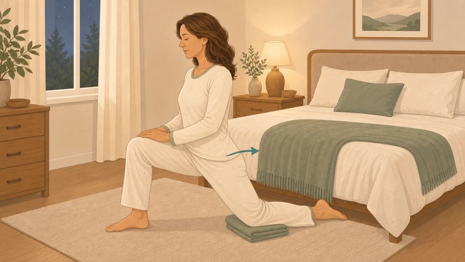 Illustration of Emma doing a half-kneeling hip flexor stretch beside a bed