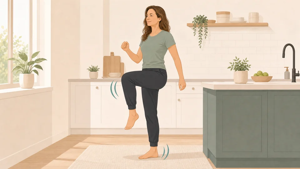 Illustration of Emma gently marching in place in a kitchen