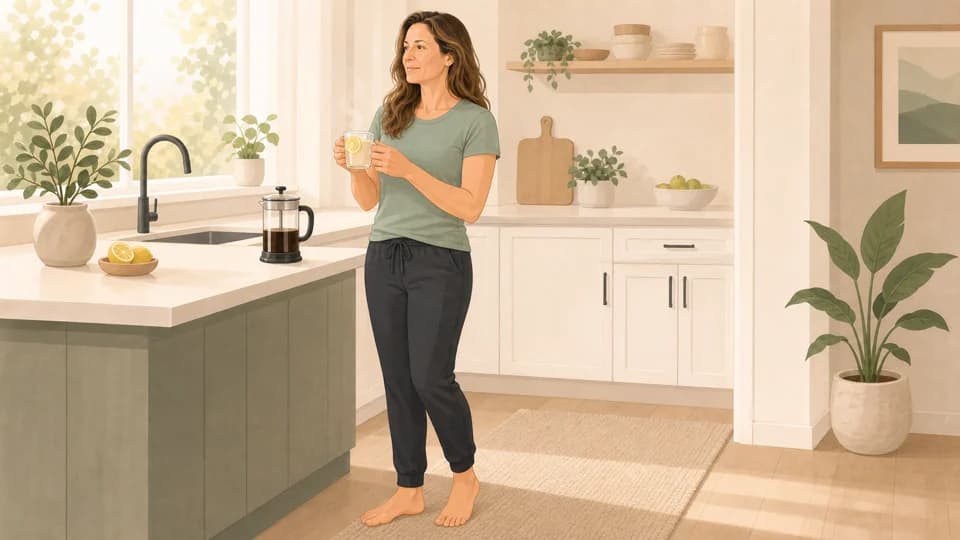 Illustration of Emma drinking warm lemon water at a kitchen counter