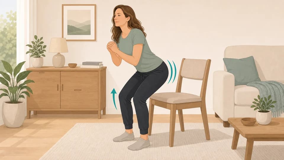 Illustration of Emma rising from a chair with glutes engaged