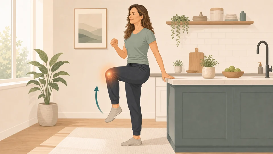 Illustration of Emma gently marching to warm up the knee