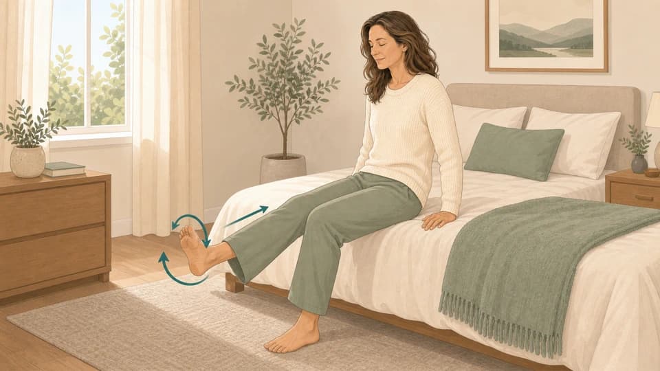 Illustration of Emma doing seated knee extensions and ankle circles before standing