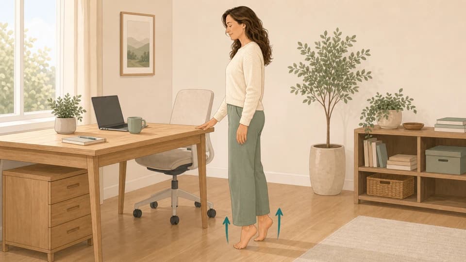 Illustration of Emma doing heel raises beside a desk