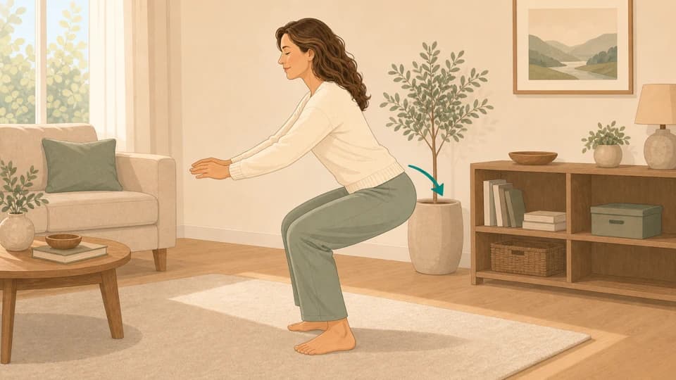 Illustration of Emma doing a shallow hip-first squat with knees aligned