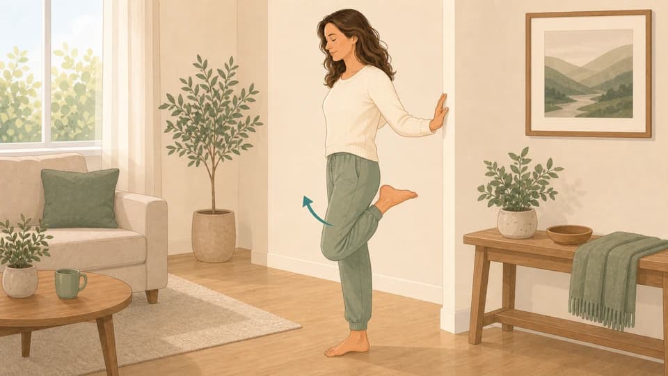 Illustration of Emma doing a standing quad stretch after a workout