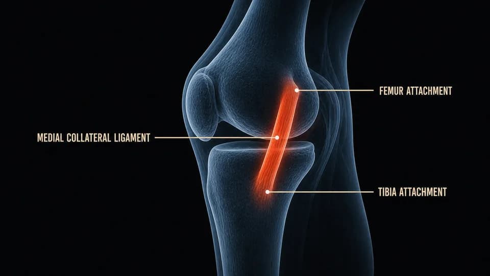 Annotated medial knee anatomy highlighting the medial collateral ligament between the femur and tibia