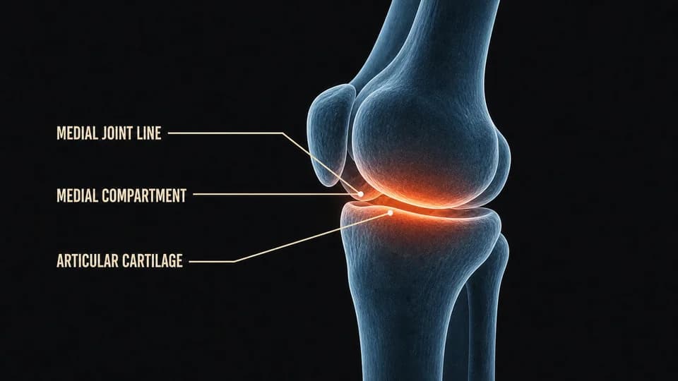 Annotated medial view of the knee highlighting the inner joint line, medial compartment and articular cartilage