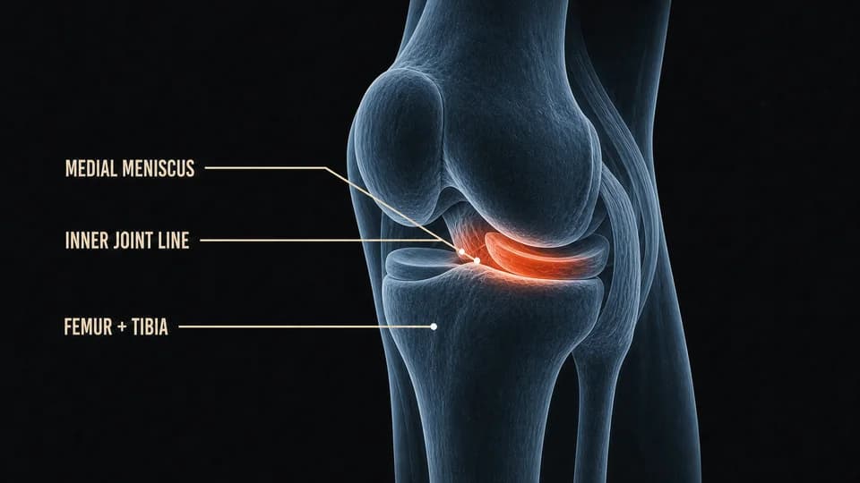 Annotated cutaway of the knee highlighting the medial meniscus along the inner joint line