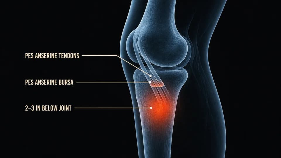 Annotated medial knee anatomy showing the pes anserine tendons and bursa below the joint line