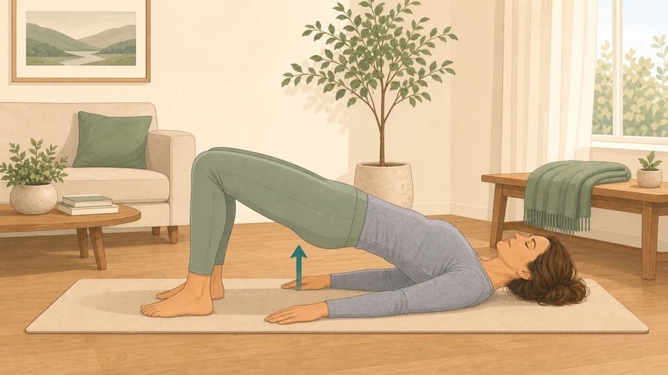 Illustration of Emma doing a glute bridge on a yoga mat
