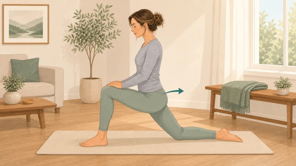 Illustration of Emma doing a half-kneeling hip flexor stretch