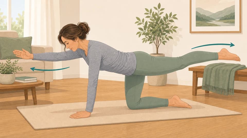 Illustration of Emma doing a modified bird dog exercise
