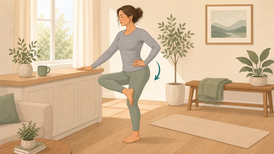 Illustration of Emma doing a standing figure-4 stretch