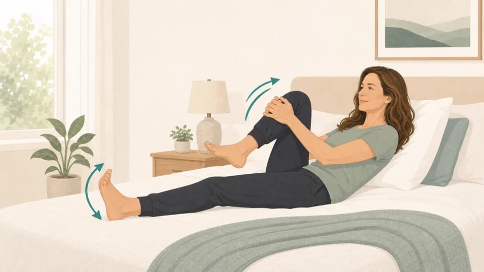 Illustration of Emma doing ankle pumps and knee hugs in bed