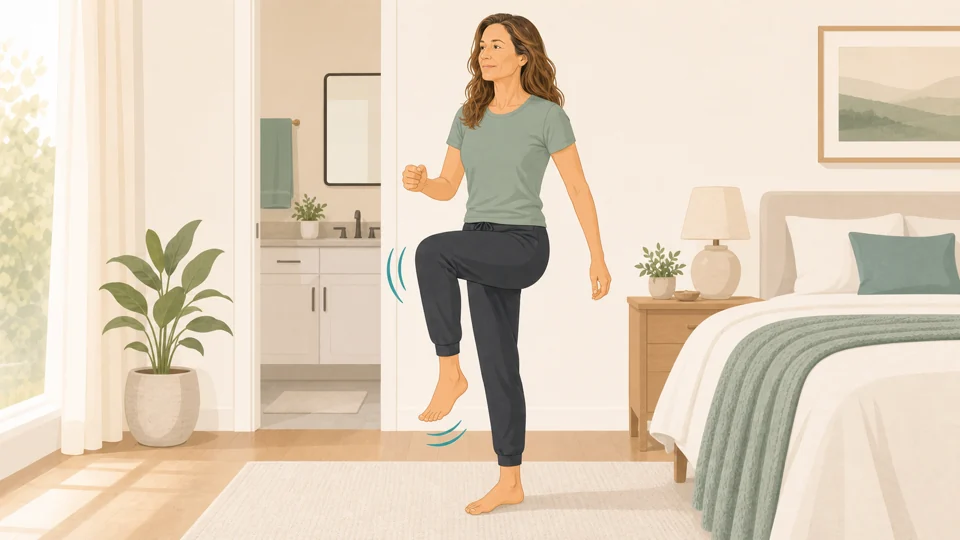 Illustration of Emma gently marching in place in a bedroom