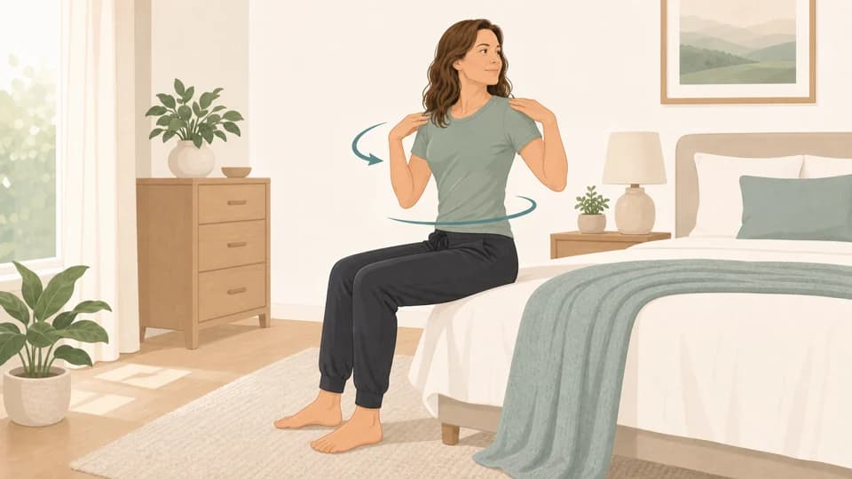 Illustration of Emma doing seated spinal twists on the edge of a bed