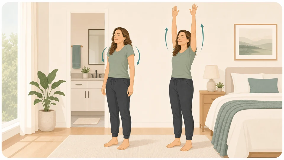 Illustration of Emma doing shoulder rolls and overhead reaches