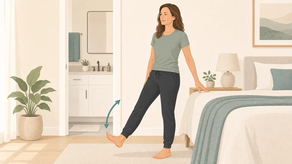Illustration of Emma doing supported standing knee extensions