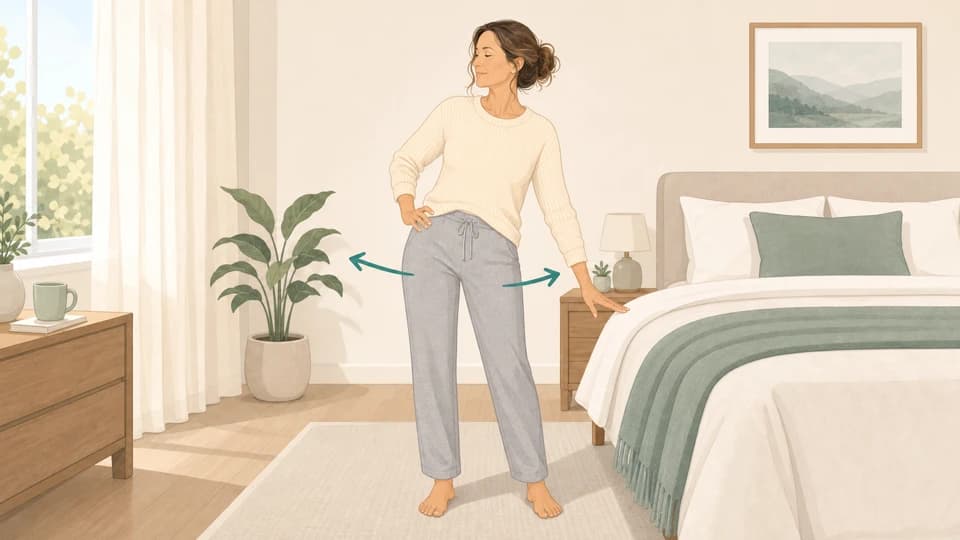 Illustration of Emma doing a standing hip sway beside the bed